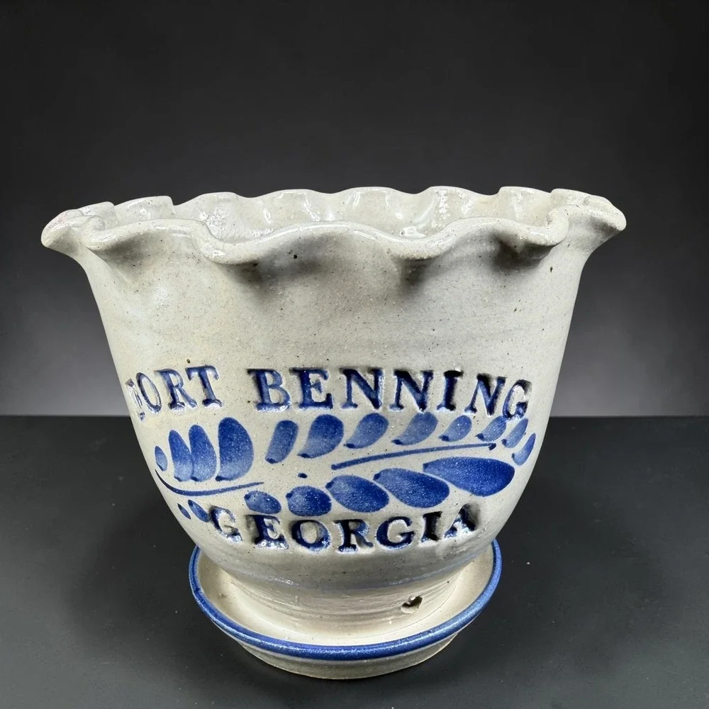 Westerwald Stoneware Fort Benning Georgia Planter Ruffled Rim Cobalt Blue Signed